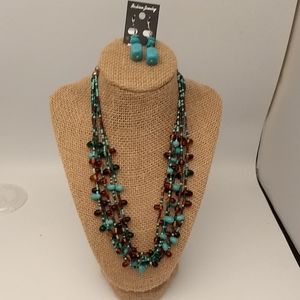 Artisan Multi Tiered VTG Colorful Teal & Amber Glass Bead Necklace & Earring Set